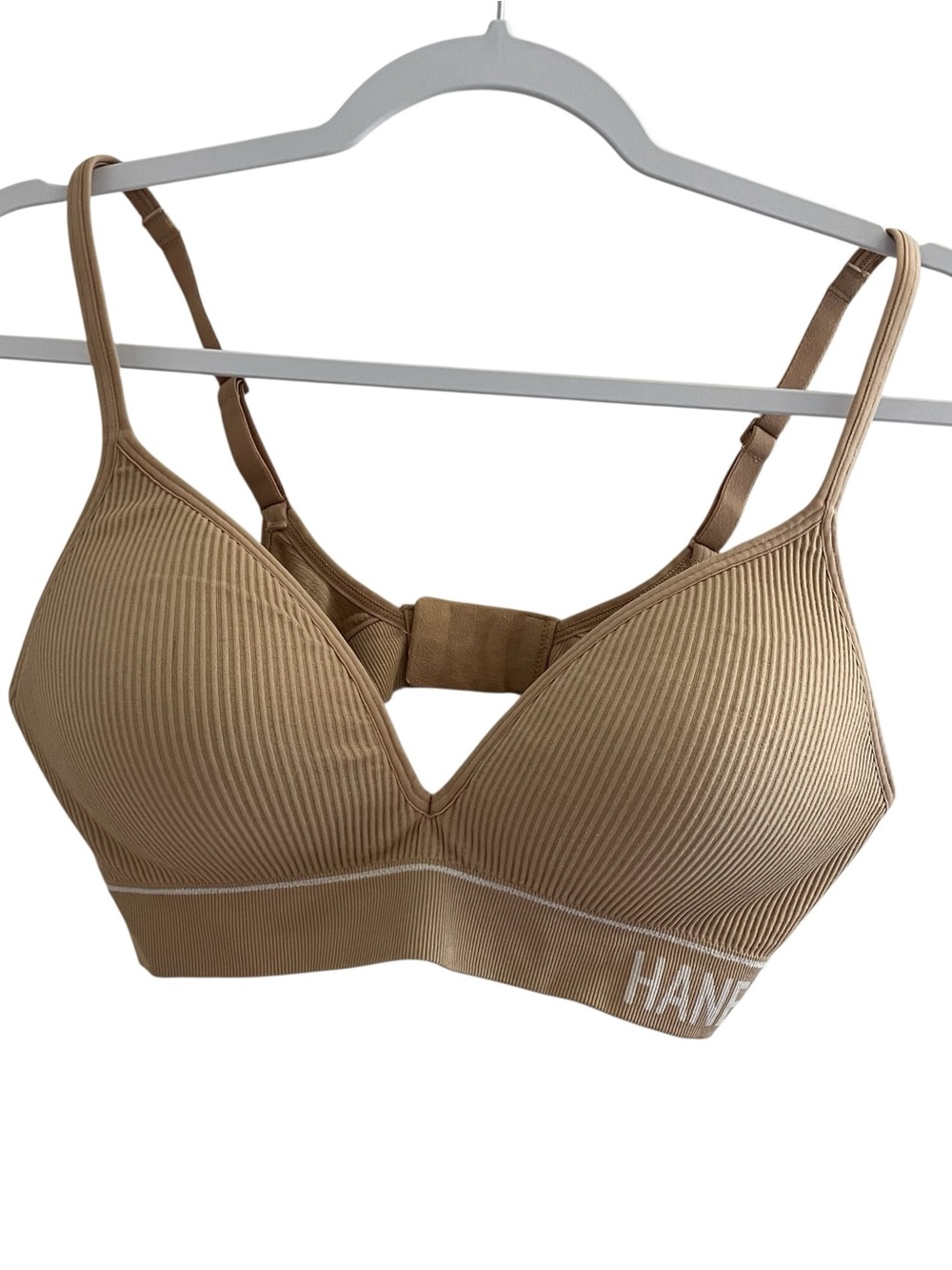 Hanes Women’s Ribbed Wireless Bralette Beige Nude Adjustable Strap Bra SizeLarge